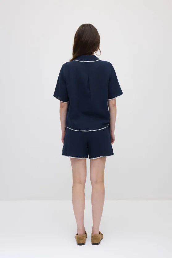 Embroidered Muslin Cotton Shirt - Navy Blue - 6