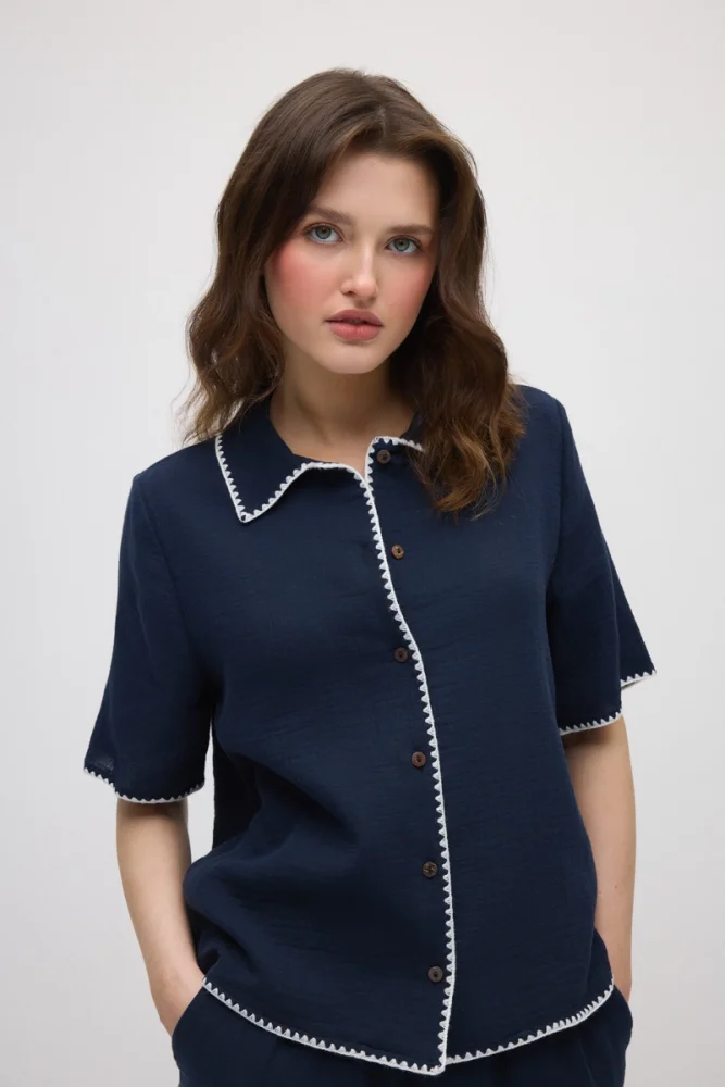 Embroidered Muslin Cotton Shirt - Navy Blue - Gusto