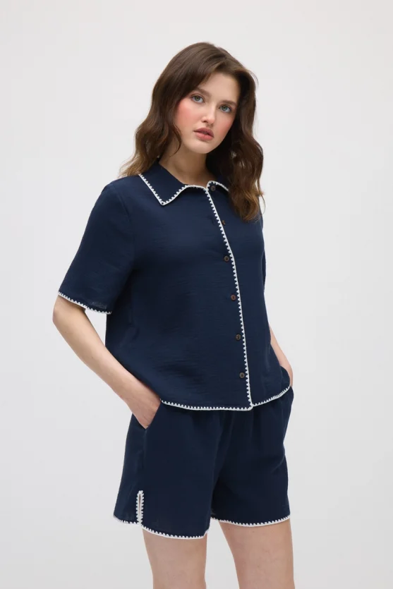 Embroidered Muslin Cotton Shirt - Navy Blue - 4