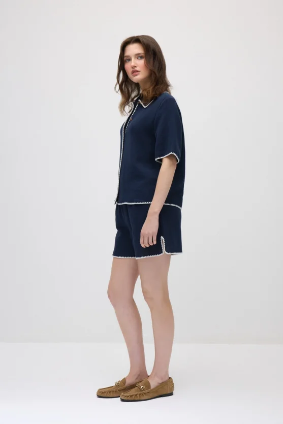 Embroidered Muslin Cotton Shirt - Navy Blue - 5