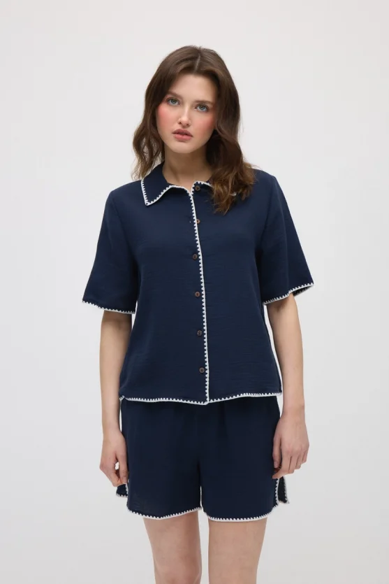 Embroidered Muslin Cotton Shirt - Navy Blue - 3