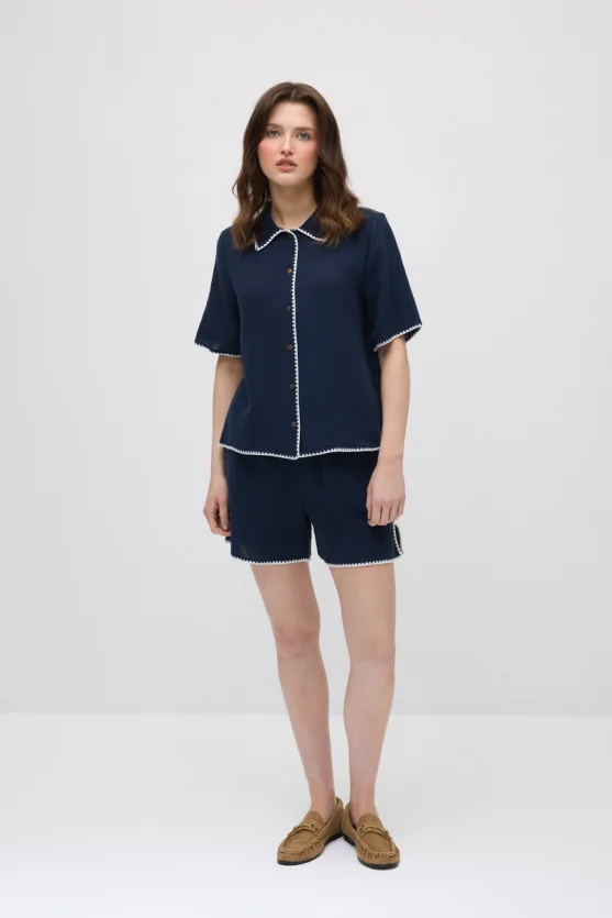 Embroidered Muslin Cotton Shirt - Navy Blue - 2