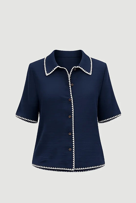 Embroidered Muslin Cotton Shirt - Navy Blue - 7