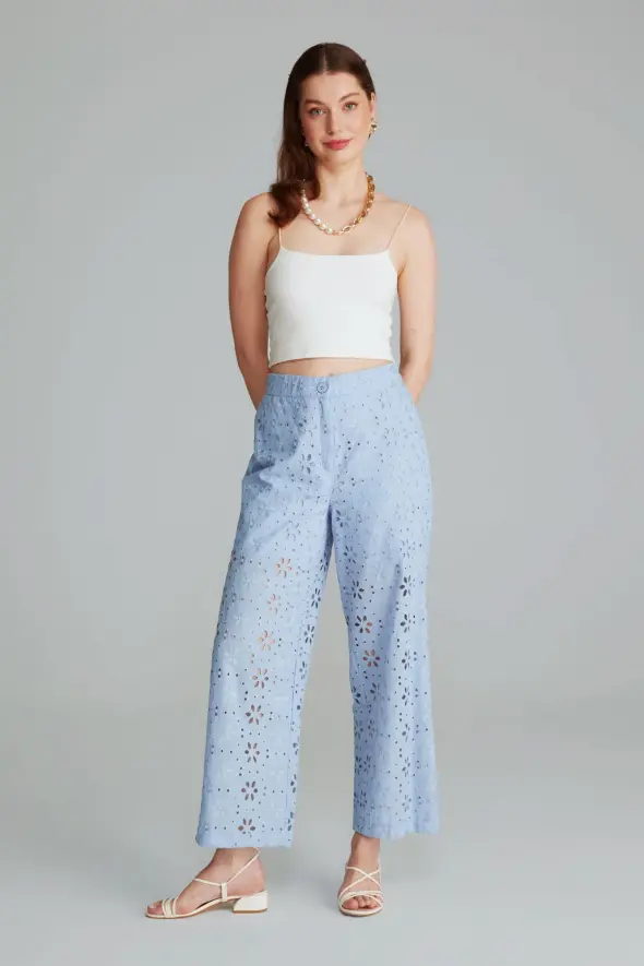 Embroidered Pants - Blue - 3
