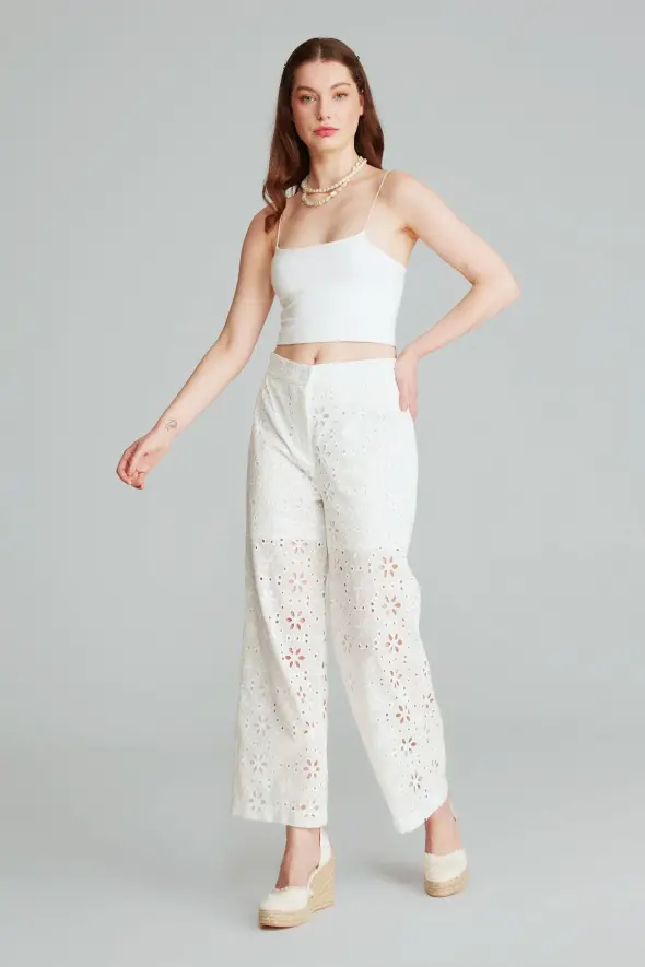 Embroidered Pants - White - 3