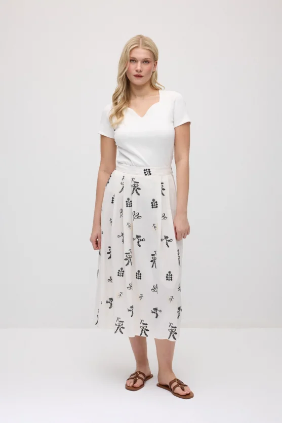Embroidered Pleated Linen Skirt - Ecru - 3