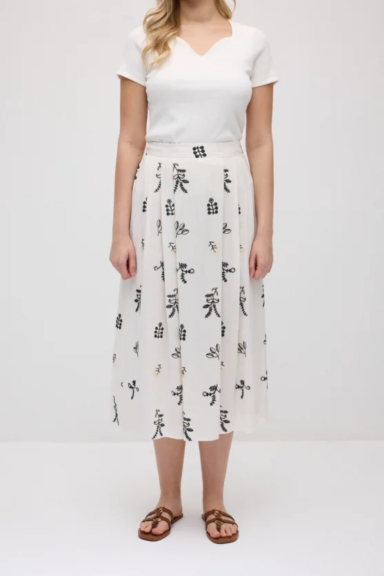 Embroidered Pleated Linen Skirt - Ecru - 2