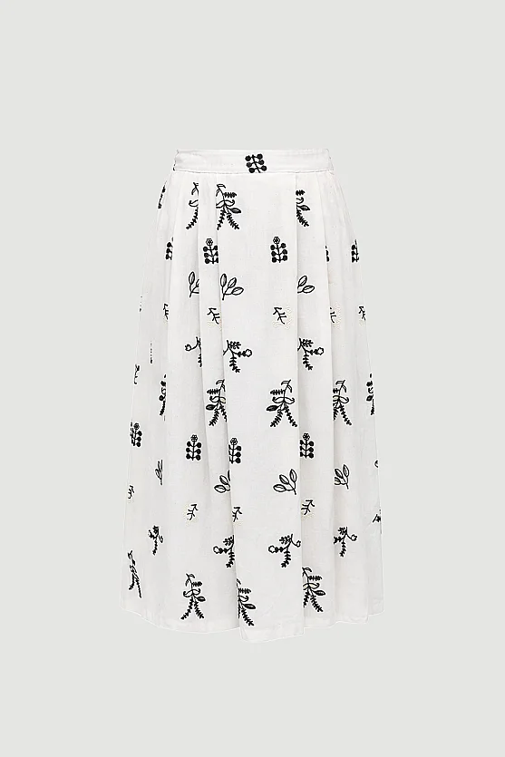 Embroidered Pleated Linen Skirt - Ecru - 6
