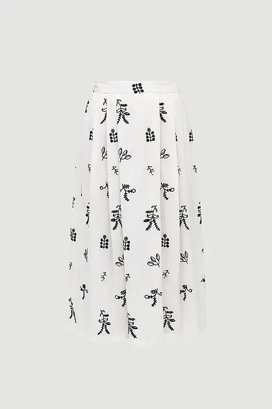 Embroidered Pleated Linen Skirt - Ecru - Gusto