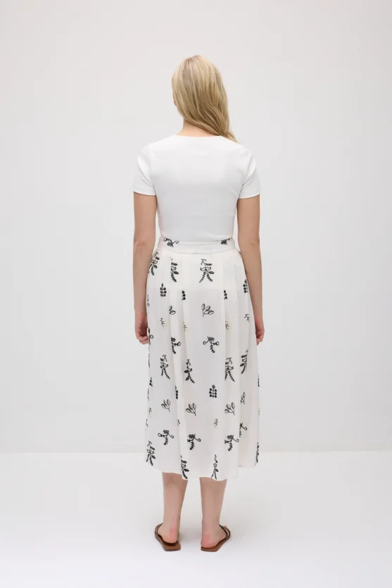 Embroidered Pleated Linen Skirt - Ecru - Gusto