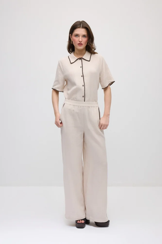 Embroidered Pockets Muslin Trousers - Beige Beige