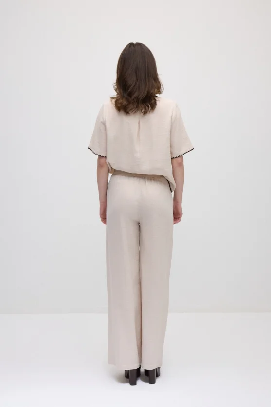 Embroidered Pockets Muslin Trousers - Beige - 5