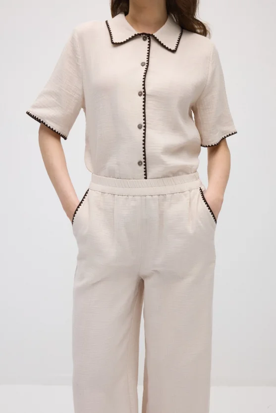 Embroidered Pockets Muslin Trousers - Beige - 4