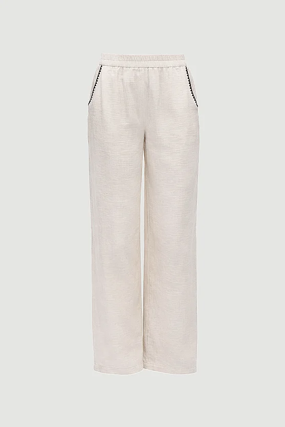 Embroidered Pockets Muslin Trousers - Beige - Gusto