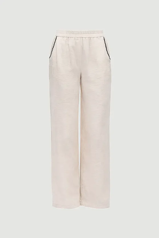 Embroidered Pockets Muslin Trousers - Beige - Gusto