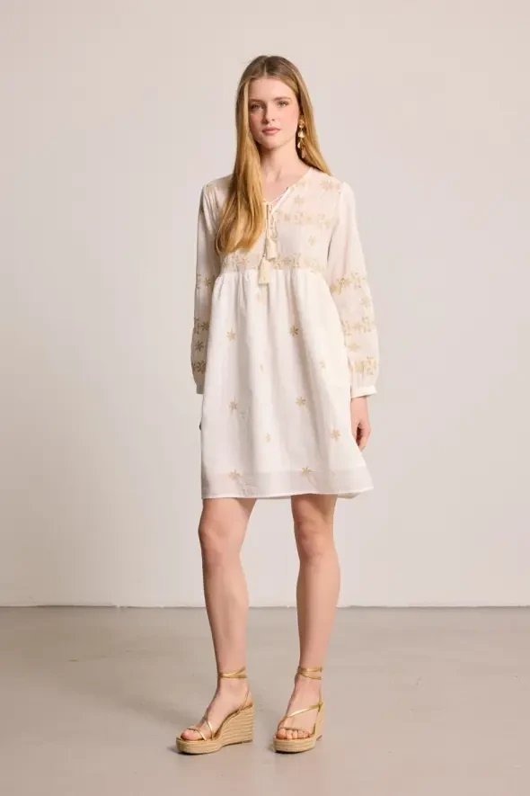 Embroidered Relaxed Fit Cotton Dress - White - Gusto