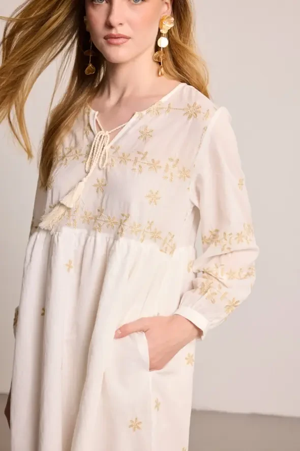 Embroidered Relaxed Fit Cotton Dress - White - 3