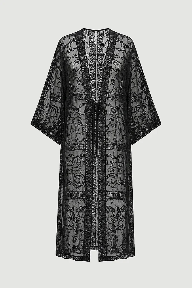 Embroidered Tulle Kimono - Black Black