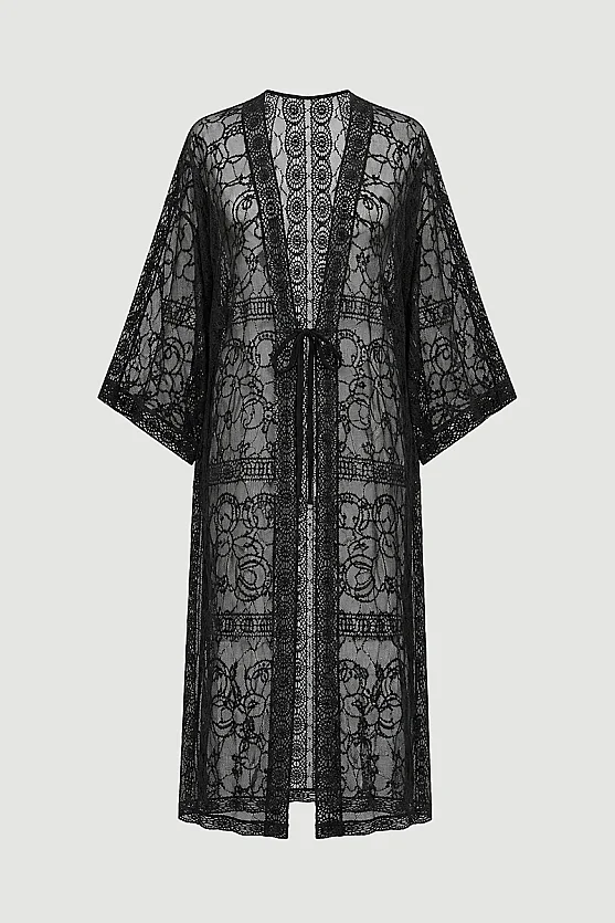 Embroidered Tulle Kimono - Black - Gusto