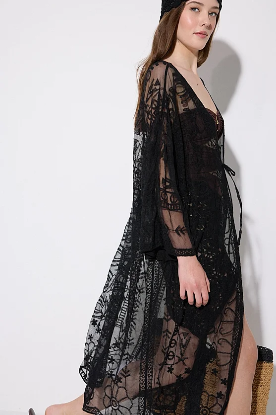 Embroidered Tulle Kimono - Black - Gusto