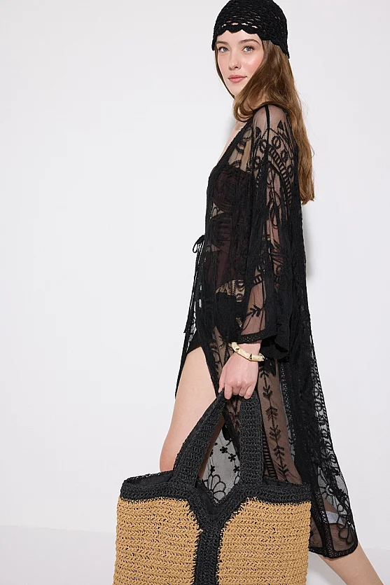Embroidered Tulle Kimono - Black - Gusto