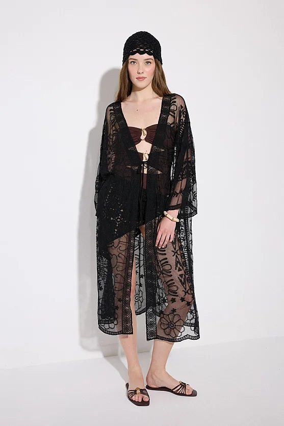 Embroidered Tulle Kimono - Black - Gusto