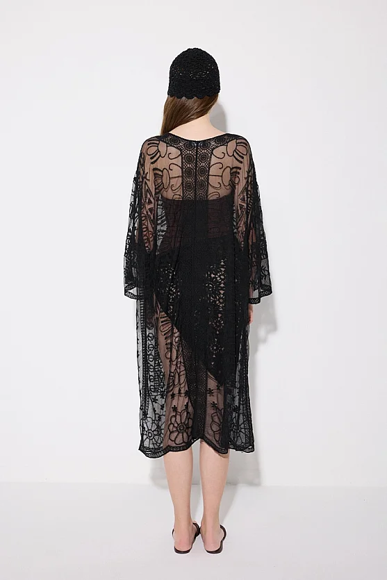 Embroidered Tulle Kimono - Black - Gusto