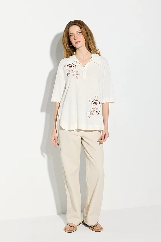 Embroidered Viscose Linen Blouse - Ecru - Gusto