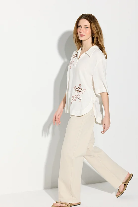 Embroidered Viscose Linen Blouse - Ecru - Gusto