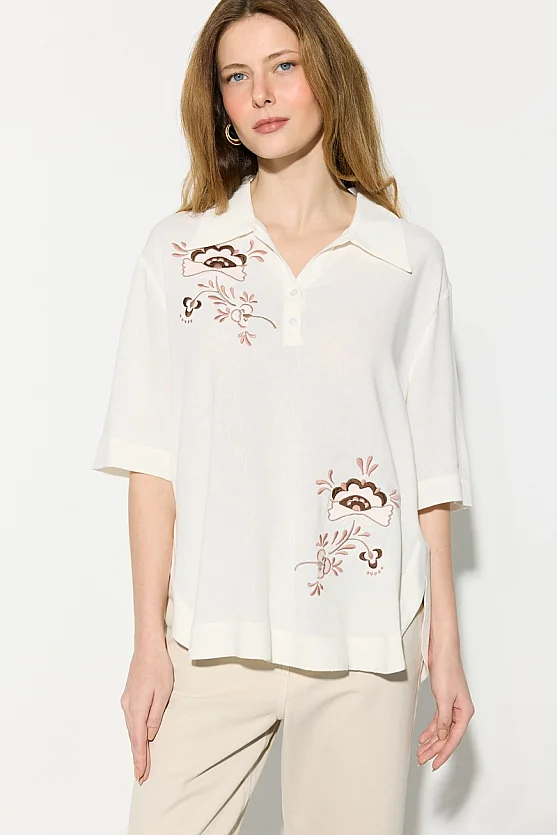 Embroidered Viscose Linen Blouse - Ecru - 5