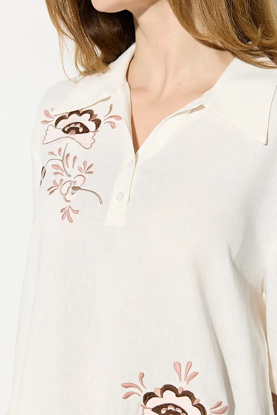 Embroidered Viscose Linen Blouse - Ecru - Gusto
