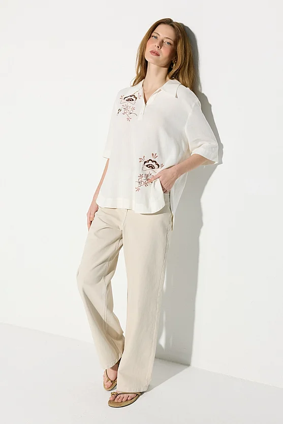 Embroidered Viscose Linen Blouse - Ecru - 2