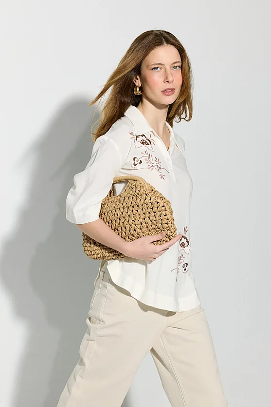 Embroidered Viscose Linen Blouse - Ecru - Gusto