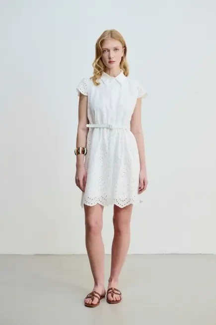 Embroidery Dress with Waist Belt - White White