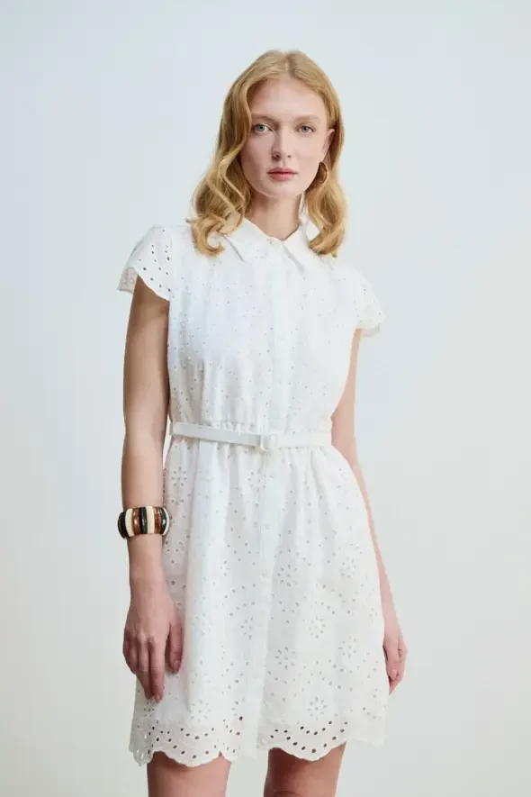 Embroidery Dress with Waist Belt - White - 3