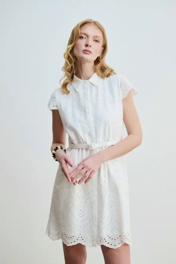 Embroidery Dress with Waist Belt - White - 2