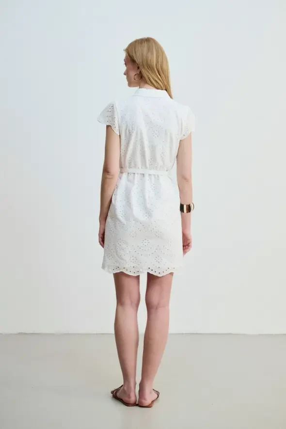 Embroidery Dress with Waist Belt - White - 7