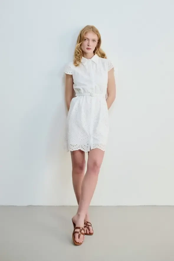 Embroidery Dress with Waist Belt - White - 4