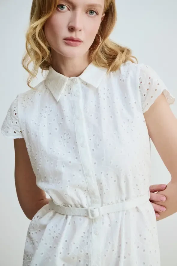 Embroidery Dress with Waist Belt - White - 5