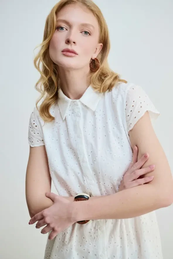 Embroidery Dress with Waist Belt - White - 6