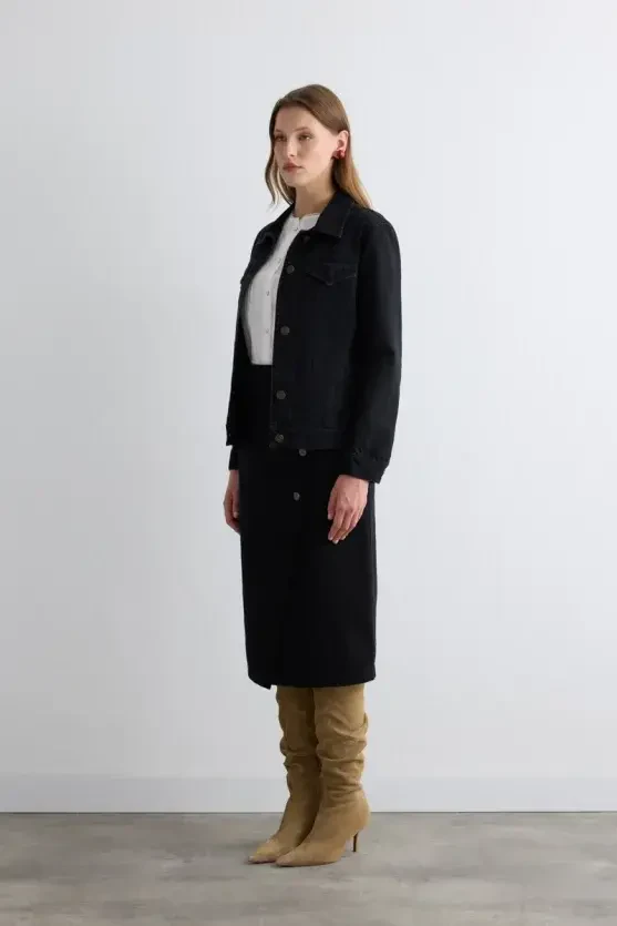 Envelope Cut Denim Skirt - Black - Gusto