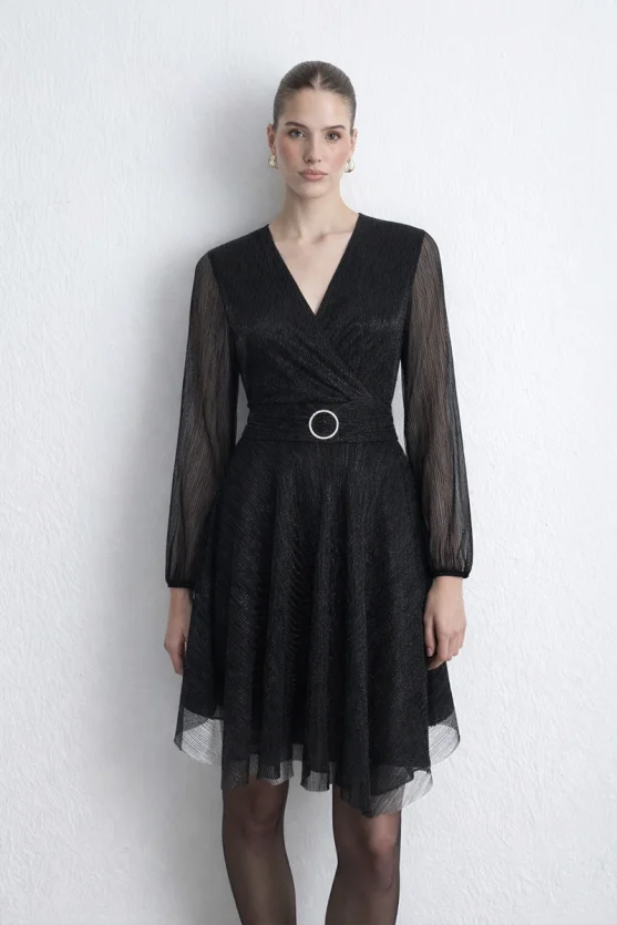 Envelope Cut Sparkling Evening Gown Black - 2