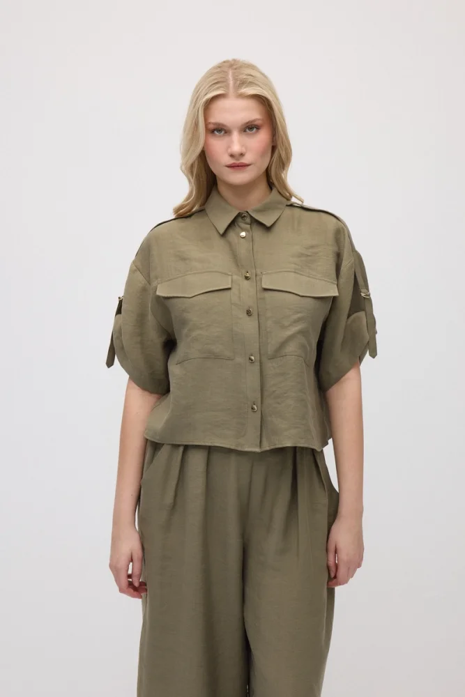 Epaulet Sleeve Tencel Shirt - Khaki Khaki