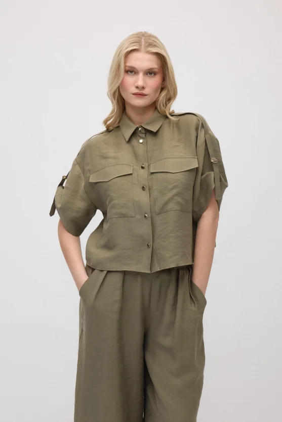 Epaulet Sleeve Tencel Shirt - Khaki - 3