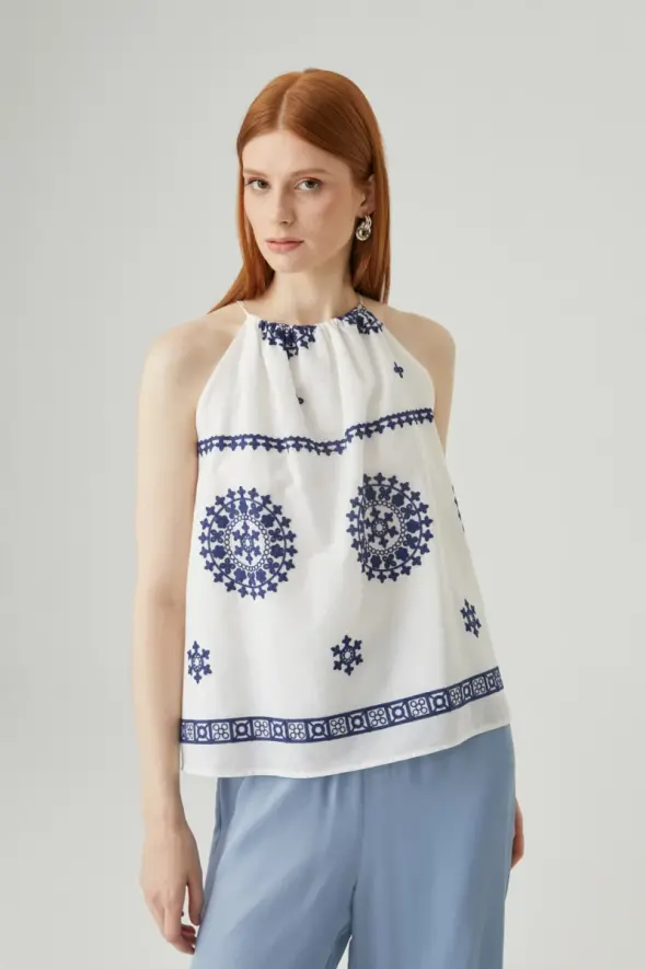 Ethnic Blouse with Tie Neck - Blue - 1