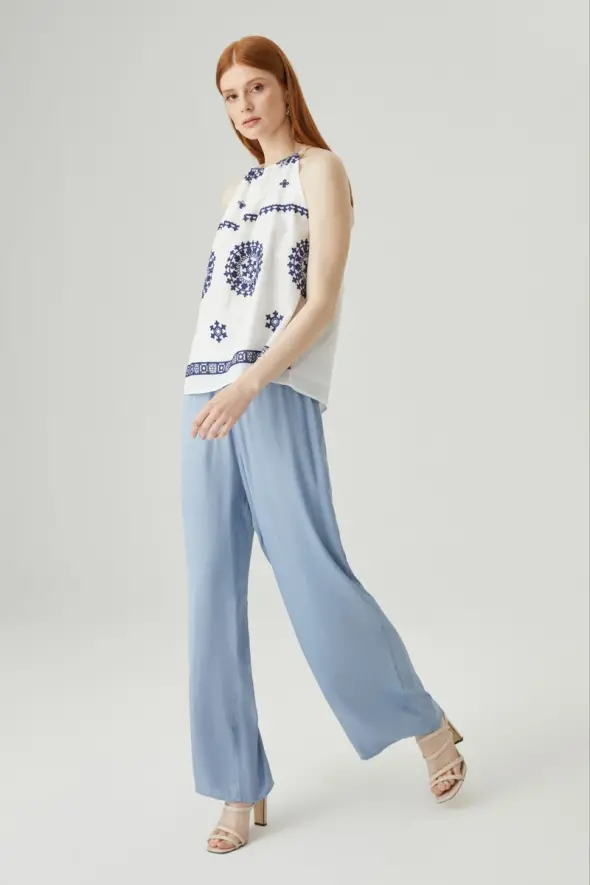 Ethnic Blouse with Tie Neck - Blue - 3