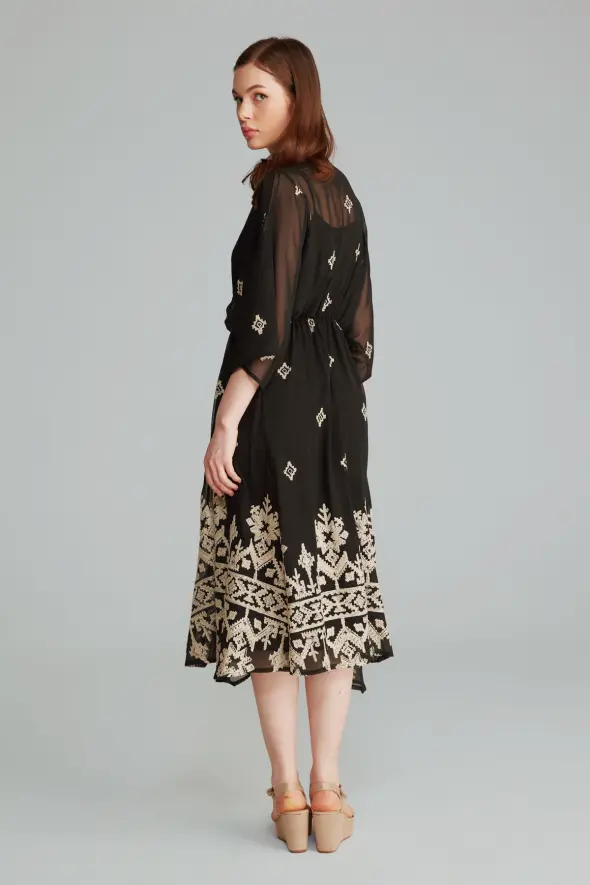 Ethnic Embroidered Long Dress - Black - 7