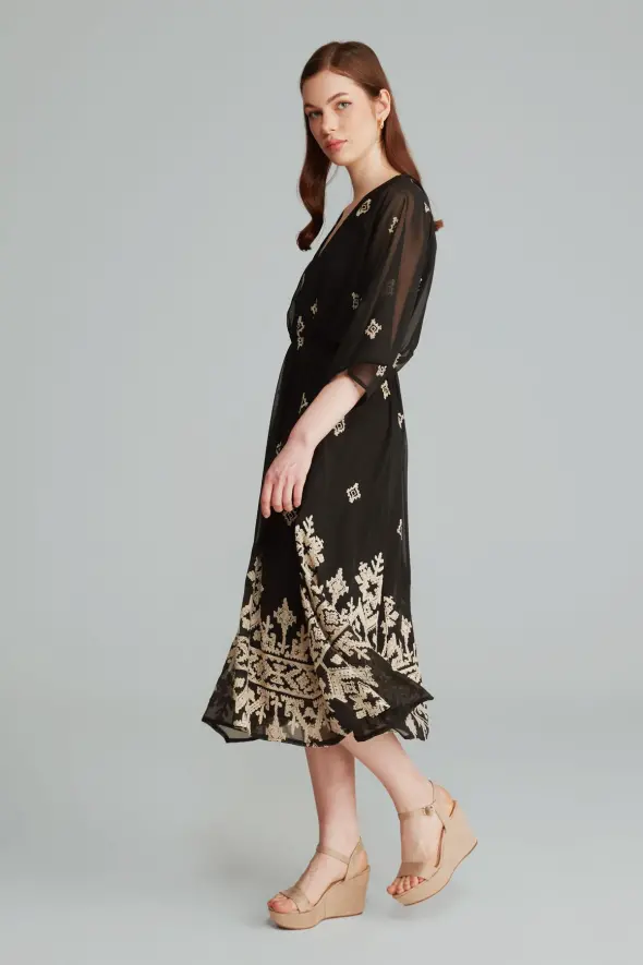 Ethnic Embroidered Long Dress - Black - 2