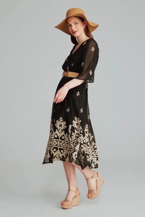 Ethnic Embroidered Long Dress - Black - 4