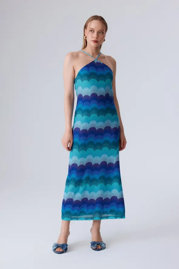 Ethnic Pattern Raschel Knit Dress with Cross Straps - Blue - 5